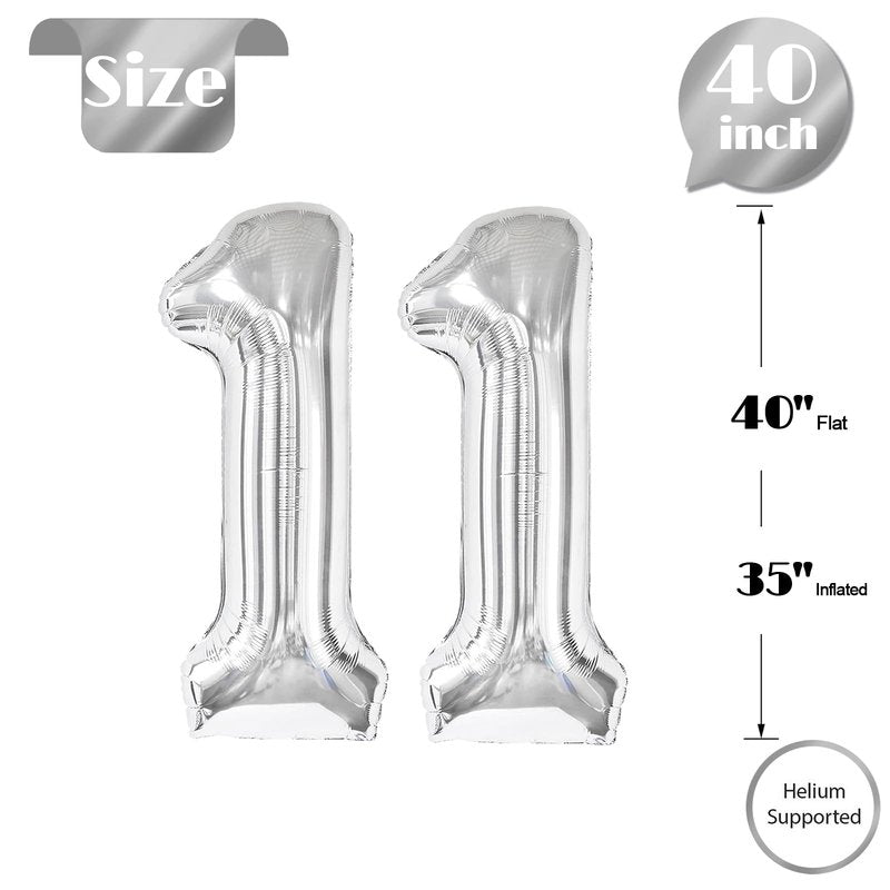 Silver Number 11 Balloon 40 inch, 11 Number Balloons, 11th Silver Birthday Decorations for Girls Boys Kids, 11 Year Old Silver Party Supplies