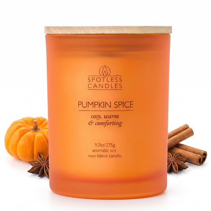 Pumpkin Spice Candle; 9.7 oz:, 55 Hrs Burn Time, Soy Wax Orange Frosted Jar with Crackling Wooden Wick & Luxury Gift Box: Pumpkin Spice Scented Candle by Spotless Candles