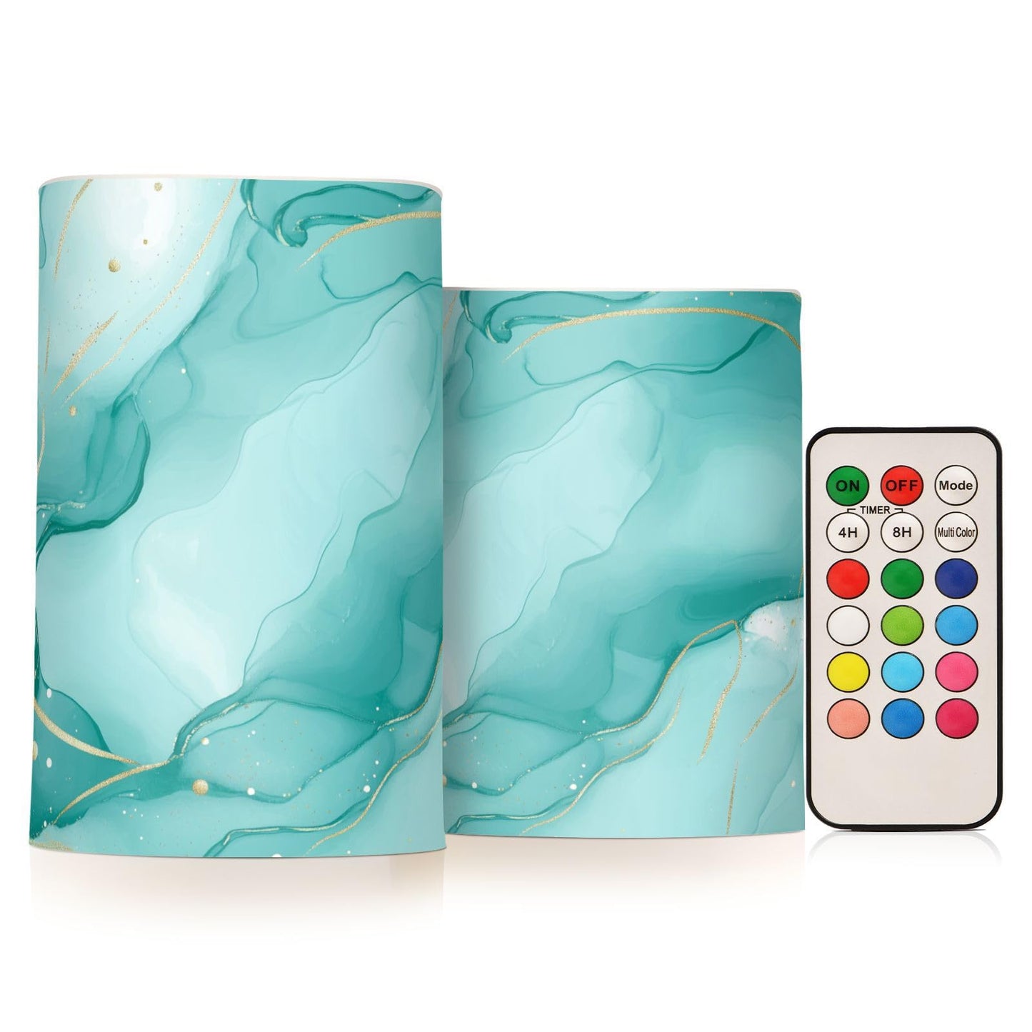 WEVIBOFU Turquoise Green Marble Flickering Flameless Candles LED Battery Operated with Remote Timer Pillar Candles for Home Birthday Wedding Christmas Decor, Set of 2