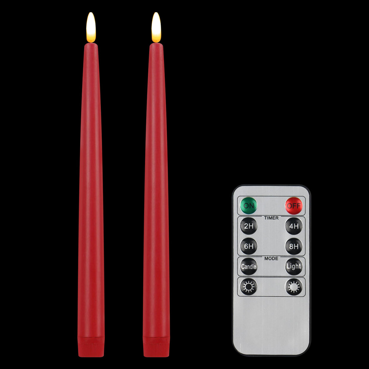 CVHOMEDECO. Flameless Taper Candles with 10-Key Remote, Battery Operated Led Flickering 3D Wick Window Candles Real Wax Finished Home Christmas Party Decor 0.78 x 11 Inch, Pack of 2 Red