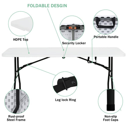 PIKAQTOP Plastic Folding Table 6ft Heavy Duty Foldable Utility Table with Carrying Handle for Camping Picnic BBQ Party Banquet Backyard, 500LBS Capacity, White