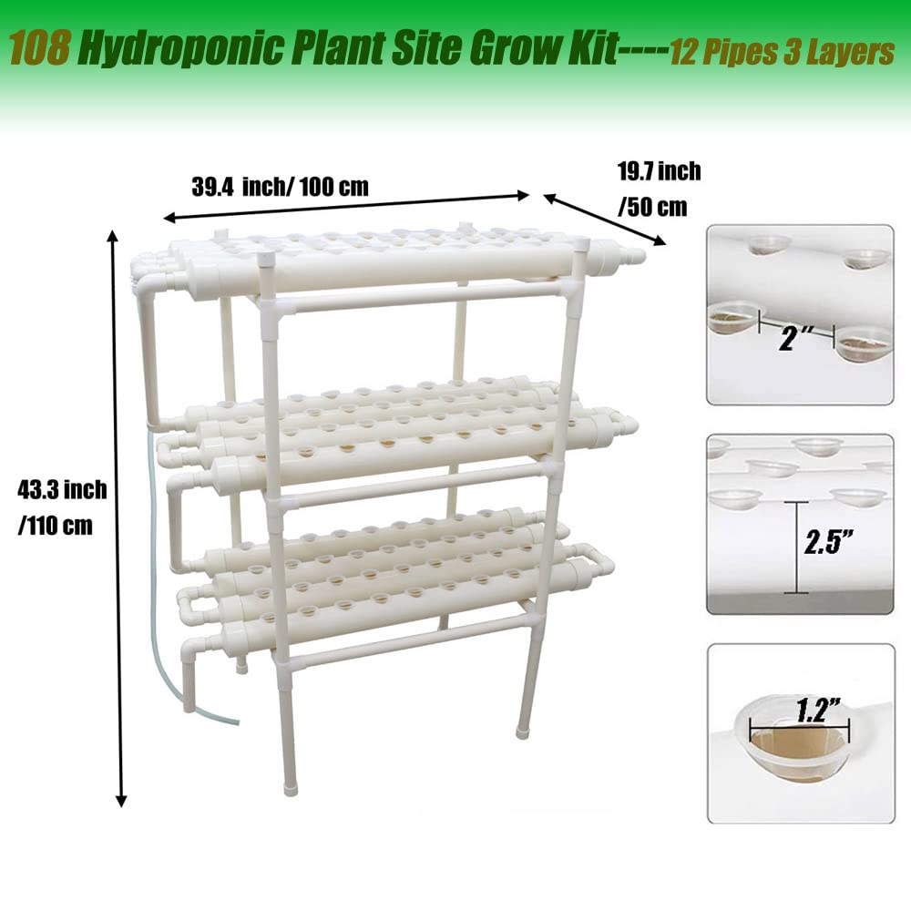 PreAsion PVC Hydroponics Growing System Outdoor 108 Sites Grow Kit 12 Pipes 3 Layers 4 Rows Plant Growing System for Leafy Vegetables with 110V Pump