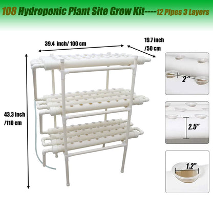 PreAsion PVC Hydroponics Growing System Outdoor 108 Sites Grow Kit 12 Pipes 3 Layers 4 Rows Plant Growing System for Leafy Vegetables with 110V Pump