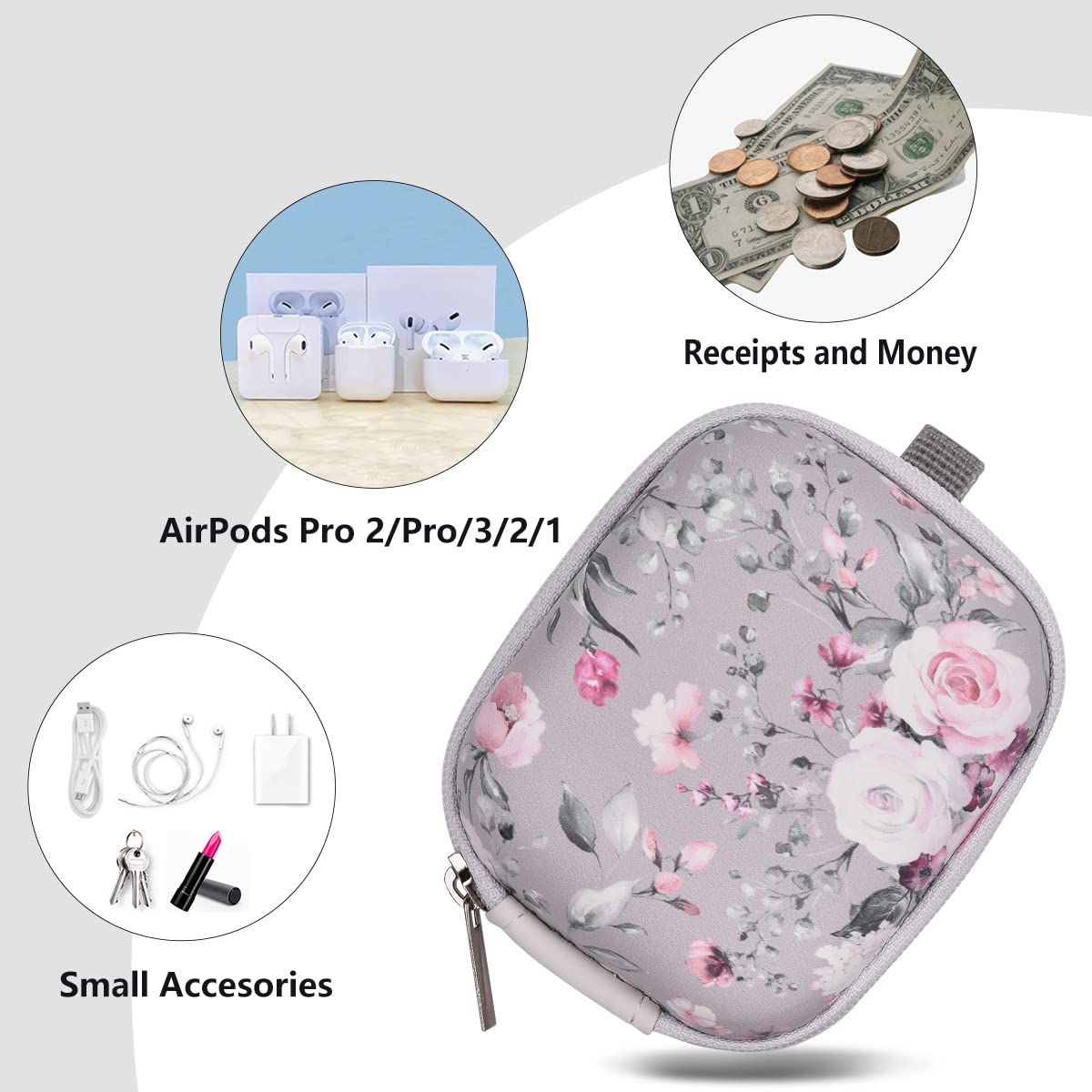 Earbud Case, AIRSPO Airpods 4 Case Airpods Pro 2nd Generation Earphone Organizer Carrying Case Small Storage Bag Hard EVA Shockproof Cover with Carabiner Clip (Grey Pink Rose)