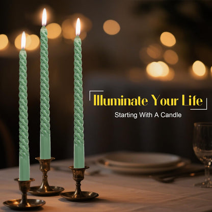 Tobeape 12 Pack 10 Inch Tall Sage Green Spiral Taper Candles, Unscented Dripless Twisted Wax Candles for Holiday Celebration Wedding Dinner Birthday Party Display Home Decor - 8 Hour Long Burning