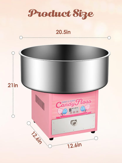 RIEDHOFF Cotton Candy Machine Commercial, Electric Cotton Candy Maker with 20 inch Stainless Steel Bowl for Family, Party, Amusement Park, Carnival- Pink