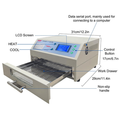 T962A Automatic Reflow Soldering Machine with Hot Air Circulation - Infrared Heater for PCB SMT BGA Rework Station, 1500W Drawer Type Reflow Oven, Wide Welding Area 300mm x 320mm