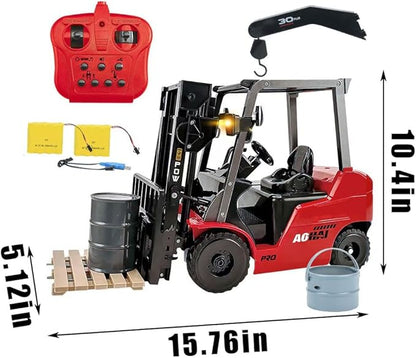 RC Forklift 11 Channel Red Remote Control Forklift 1/8 2.4G Fully Functional Construction Vehicle with Metal Carrier Slab with Lights Sound Warehouse Engineering Truck Heavy Equipment