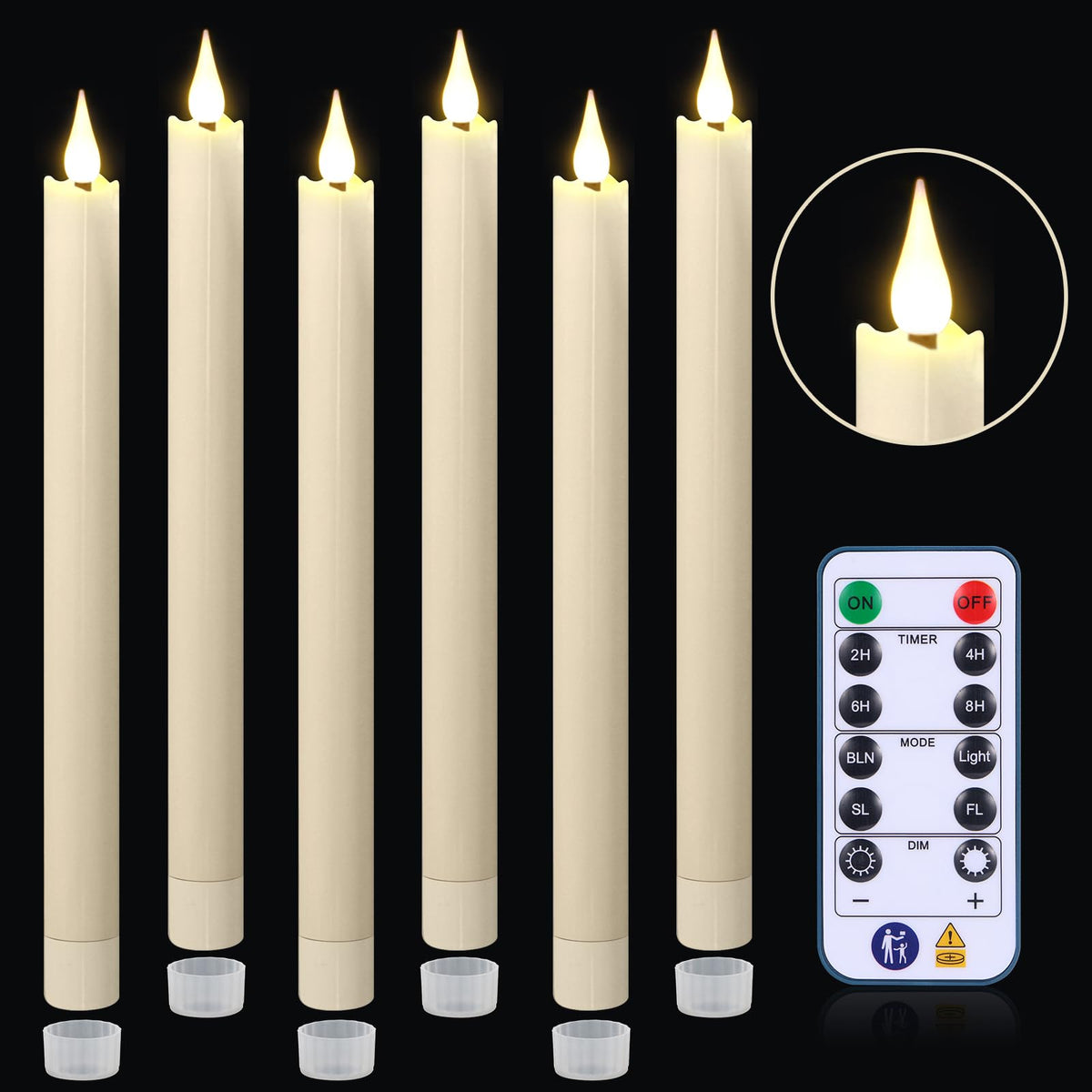 yunsheng 11 Inches Flameless Taper Candles Flickering with Remote & Timer, Set of 6 Battery Operated LED Window Candles, Ivory Plastic LED Candlestick with 3D Wick for Christmas Wedding Home Decor
