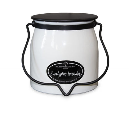Milkhouse Candle Company Eucalyptus Lavender Soy Candle - Lavender | Eucalyptus | Soft Spice Scented - 16 oz Butter Jar with Lid, 65+ Hour Burn Time, Made in the USA