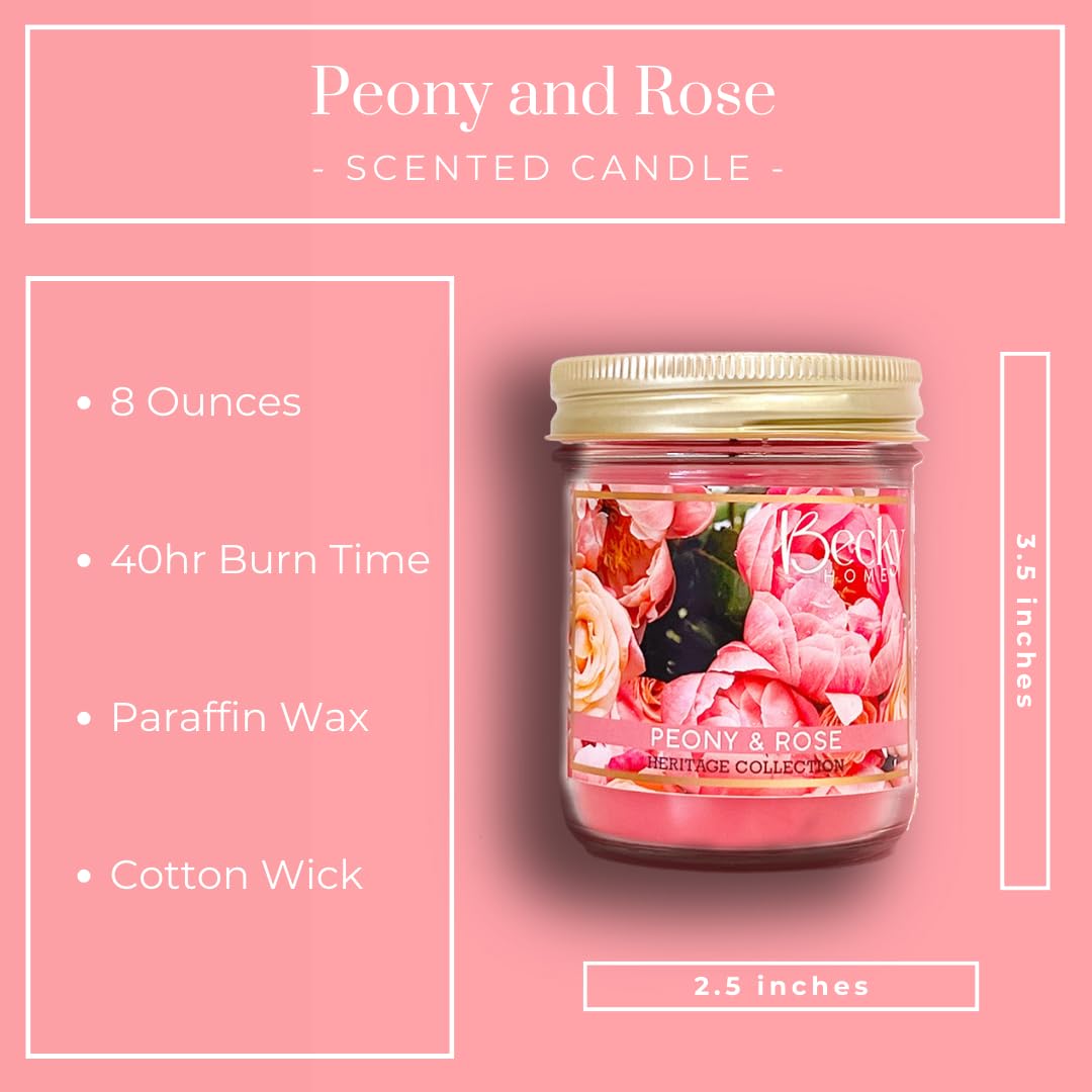 Becky Home 8oz Peony and Rose Scented Candles for Home, 45 Hrs Soy Wax Candle, Aromatherapy Scented Candle for Relaxation, Candle Gifts for Women