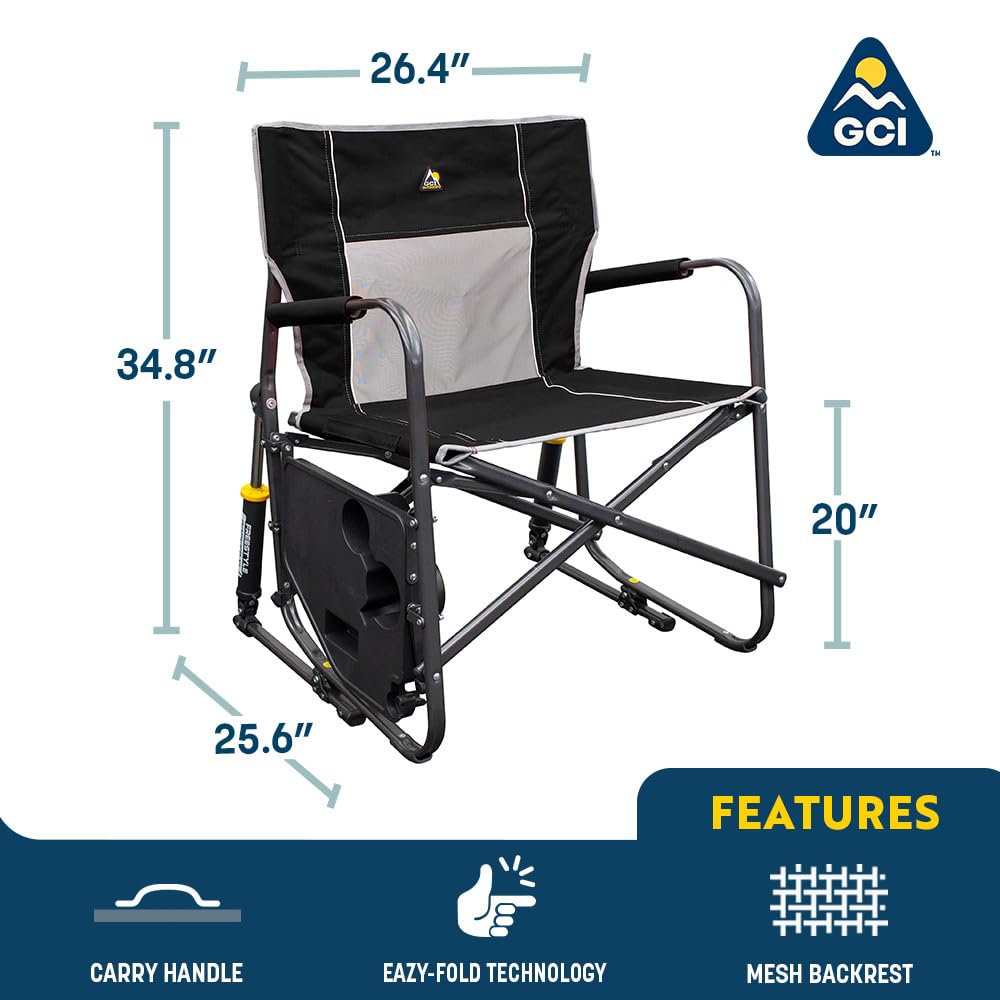 GCI Outdoor Freestyle Rocker XL with Side Table Camping Chair | Portable Folding Rocking Chair with Solid, Durable Armrests, Drink Holder & Comfortable Backrest — Black