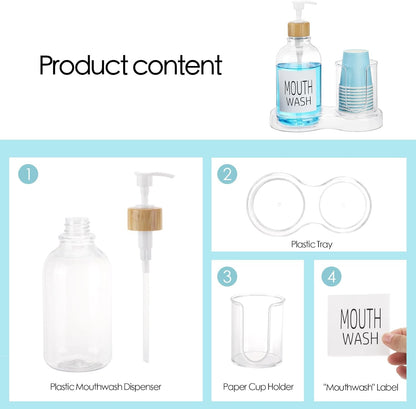 Skiennix Mouthwash Dispenser - 16oz Clear Plastic Bottle with Cup Holder & Tray for Bathroom