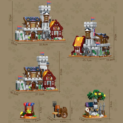 3 in 1 Medieval Cabin Knight Castle Town Square Center Building Set 3 Storytelling Viking Village Sets for Adult House Collection Toy Creative Present for Enthusiasts 1760PCS