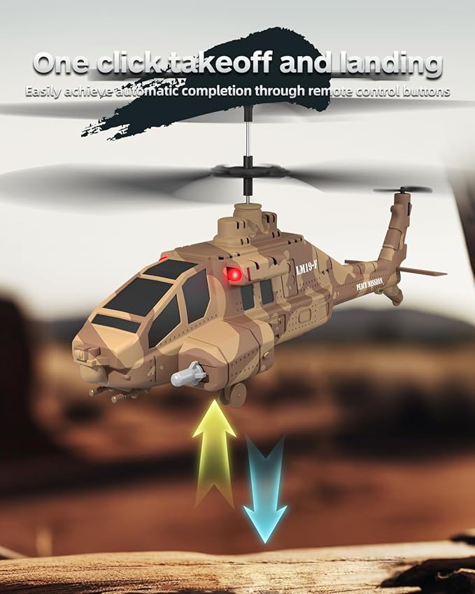 RC Helicopter with Missiles 2.4GHz Remote Control Army Helicopter for Beginners &amp Adults Military Helicopter LED Lights Altitude Hold One-Key Take Off Gift for Military Fans (Brown)