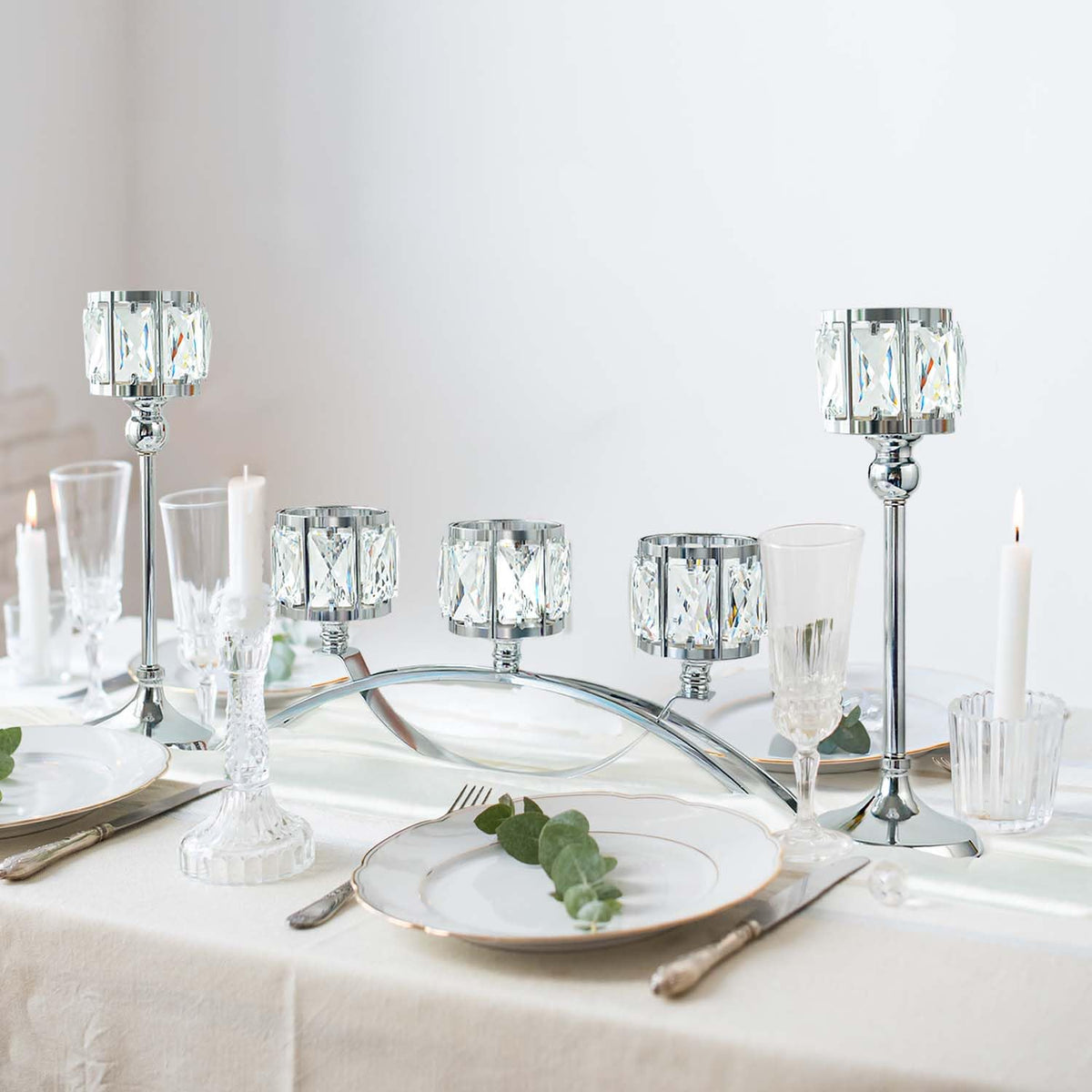 3 Arms Crystal Bowl Tealight Candelabra Votive Candle Stand, Wedding centerpieces for Tables Crystal Candlestick，Centerpiece Table Decorations (Set of Silver)