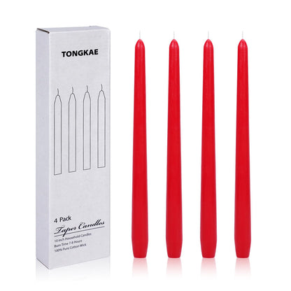 TONGKAE Taper Red Candles, Set of 4, Unscented, Smokeless, Dripless, 10 inches, Cotton Wick, 7-8 Hours Burn Time, for Dinner, Wedding, Party, Holiday, Religious Events, Home Decor