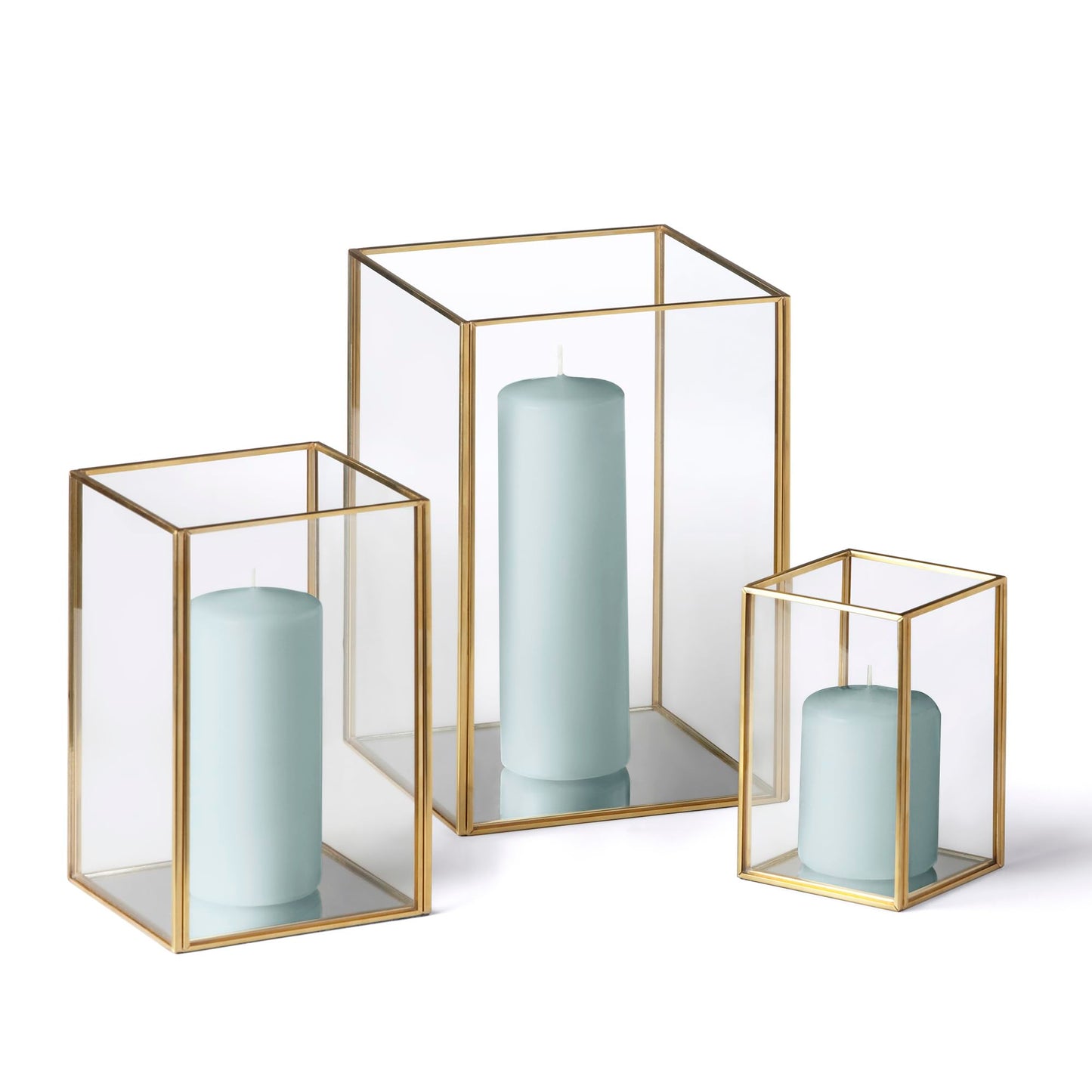 Yummi Set of 36 Slim Pillar Candles & Gold Luxus Lanterns - Celestine Blue