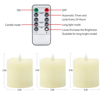 3x3 Flickering Flameless Candles Set of 3, 2AA Battery Life 600 Hours Battery Candles Flickering with Timer,3 inch Flameless Candles with Remote for Indoor/Outdoor, Ivory