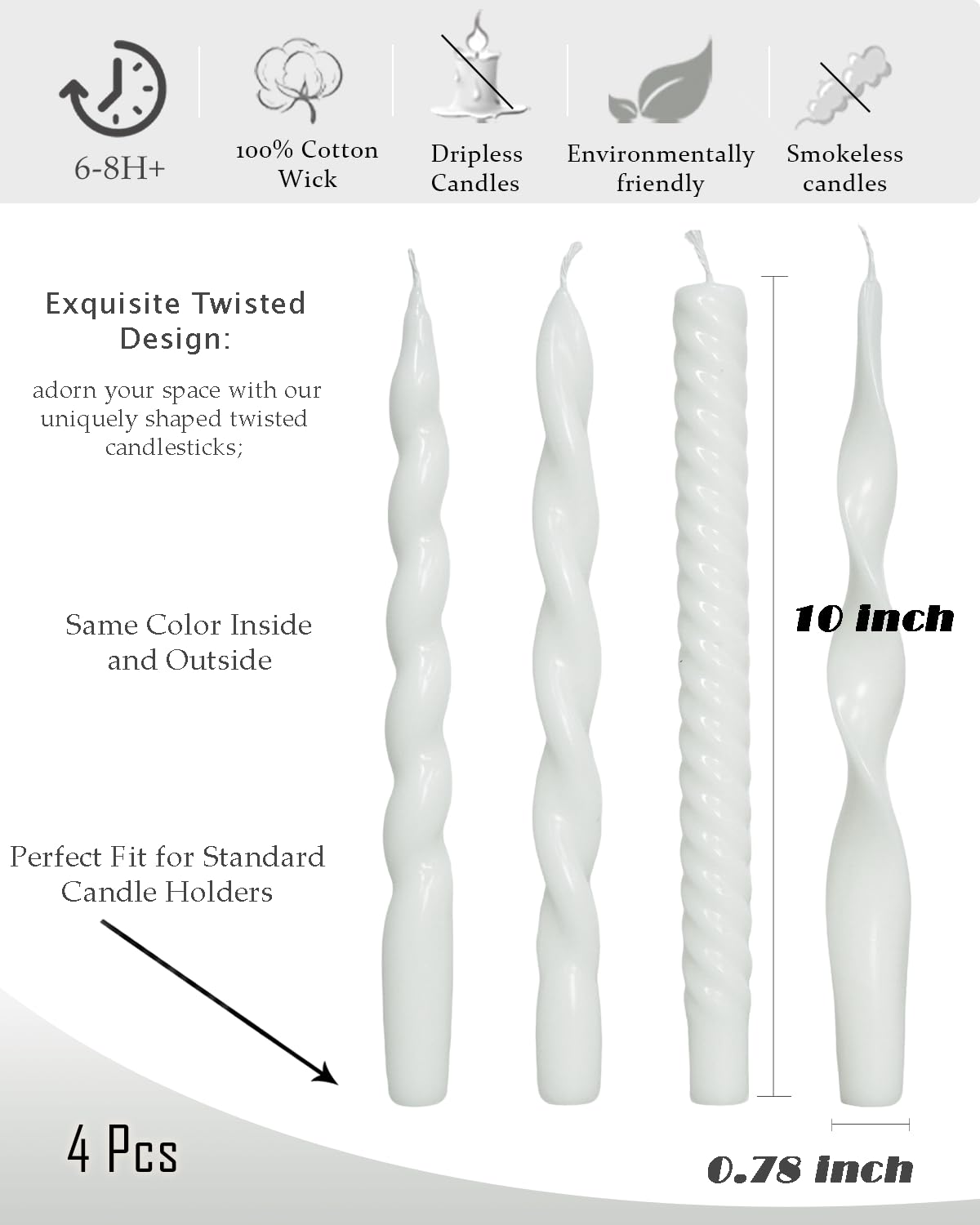 White Taper Candles Spiral Candlesticks Unscented Smokeless Tall Candles for Christmas Wedding Holiday Dinner Party Home Decorative candles-10inch,4pcs