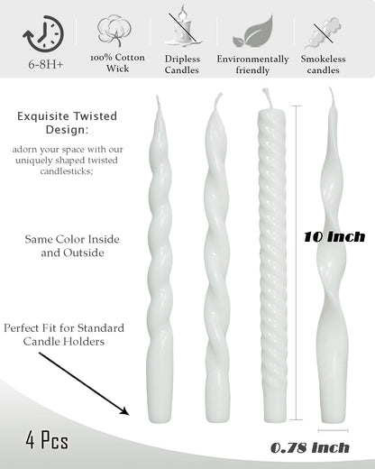 White Taper Candles Spiral Candlesticks Unscented Smokeless Tall Candles for Christmas Wedding Holiday Dinner Party Home Decorative candles-10inch,4pcs