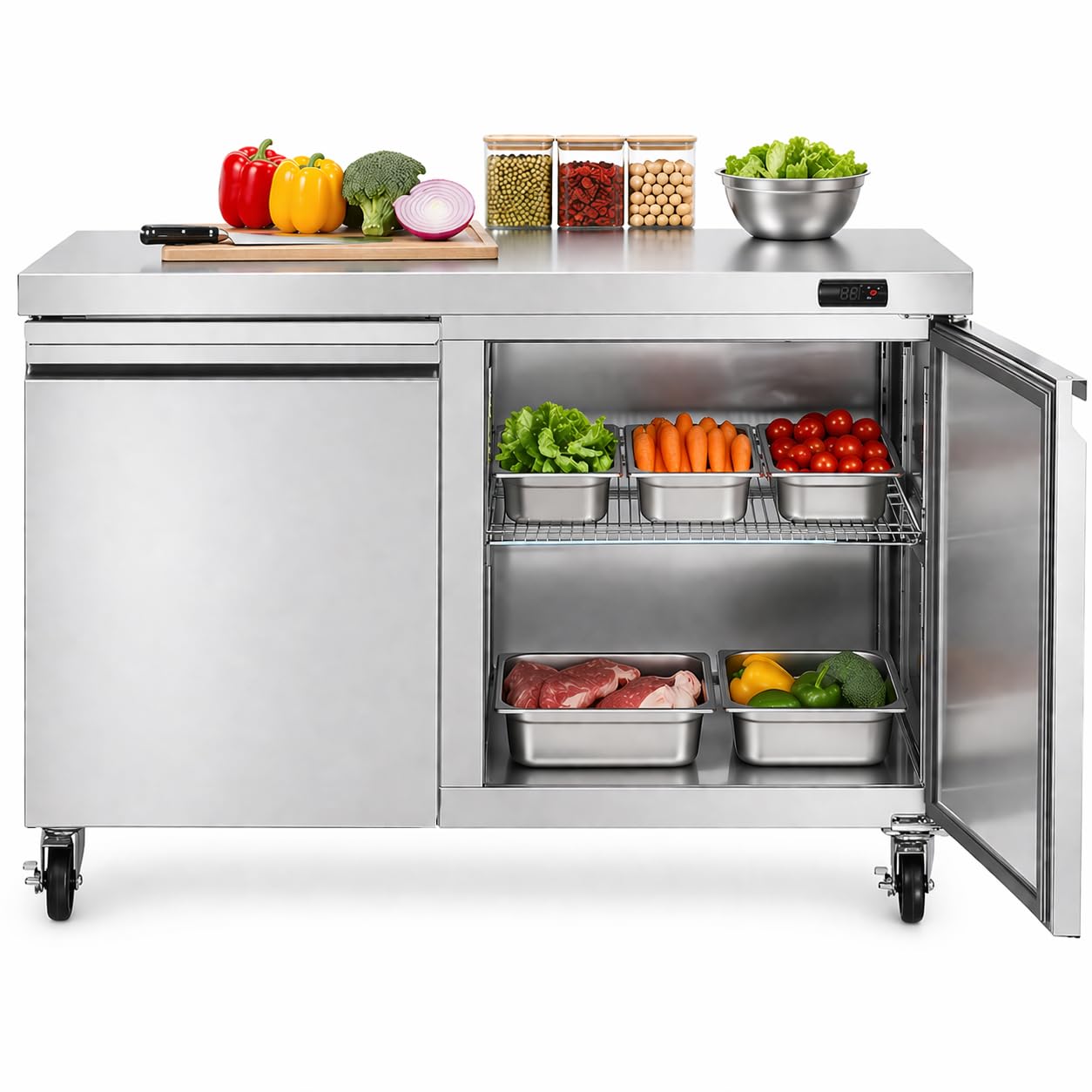 Rockitch 48" W Commercial Undercounter Refrigerator, 11.1 Cu.ft Stainless Steel Worktop Refrigerator, 2 Doors Fan Cooling Kitchen Fridge with Adjustable Shelves for Restaurant Food Prep, ETL Approved