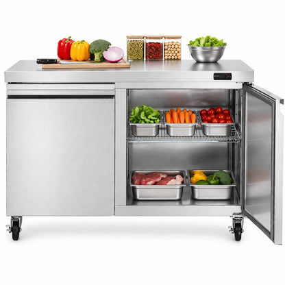 Rockitch 48" W Commercial Undercounter Refrigerator, 11.1 Cu.ft Stainless Steel Worktop Refrigerator, 2 Doors Fan Cooling Kitchen Fridge with Adjustable Shelves for Restaurant Food Prep, ETL Approved