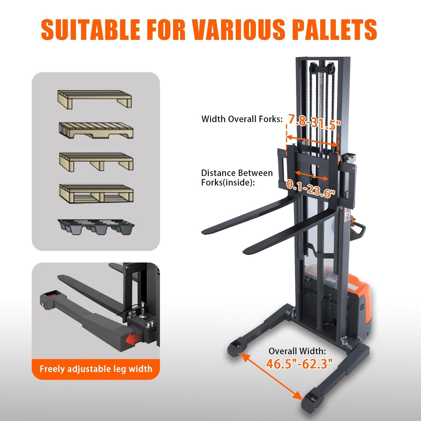 Tory Carrier Full Electric Walkie Stacker Material Lifts with Straddle Legs 98 inches Lifting Height with Adjustable Forks 3300lbs Capacity