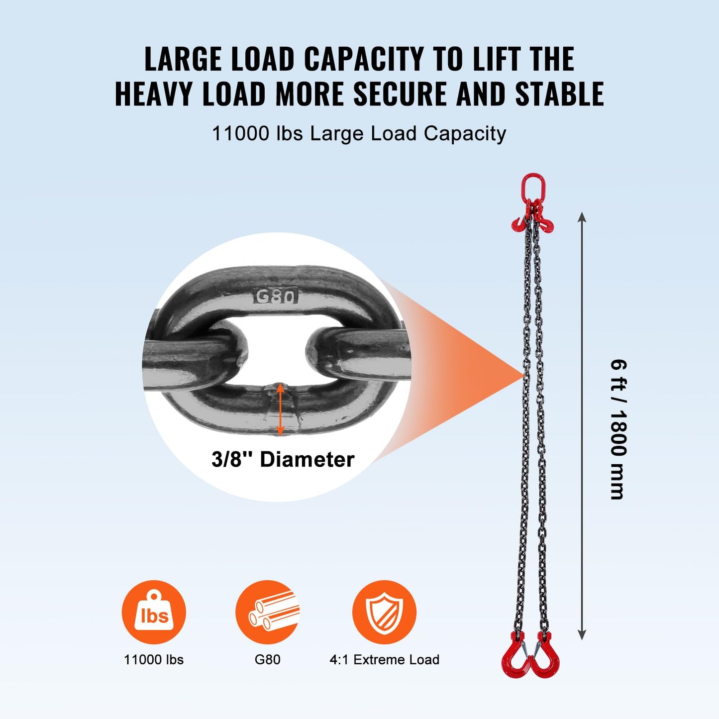 VEVOR Chain Sling, 3/8 inch x 6 ft Lifting Chains with Hooks, G80 Engine Chain Hoist Lifts, 11000 lbs/5 Ton Lifting Sling Chains for Engine Hoist, Engine Lift Chain with 2 Leg Grab Hooks and Adjusters