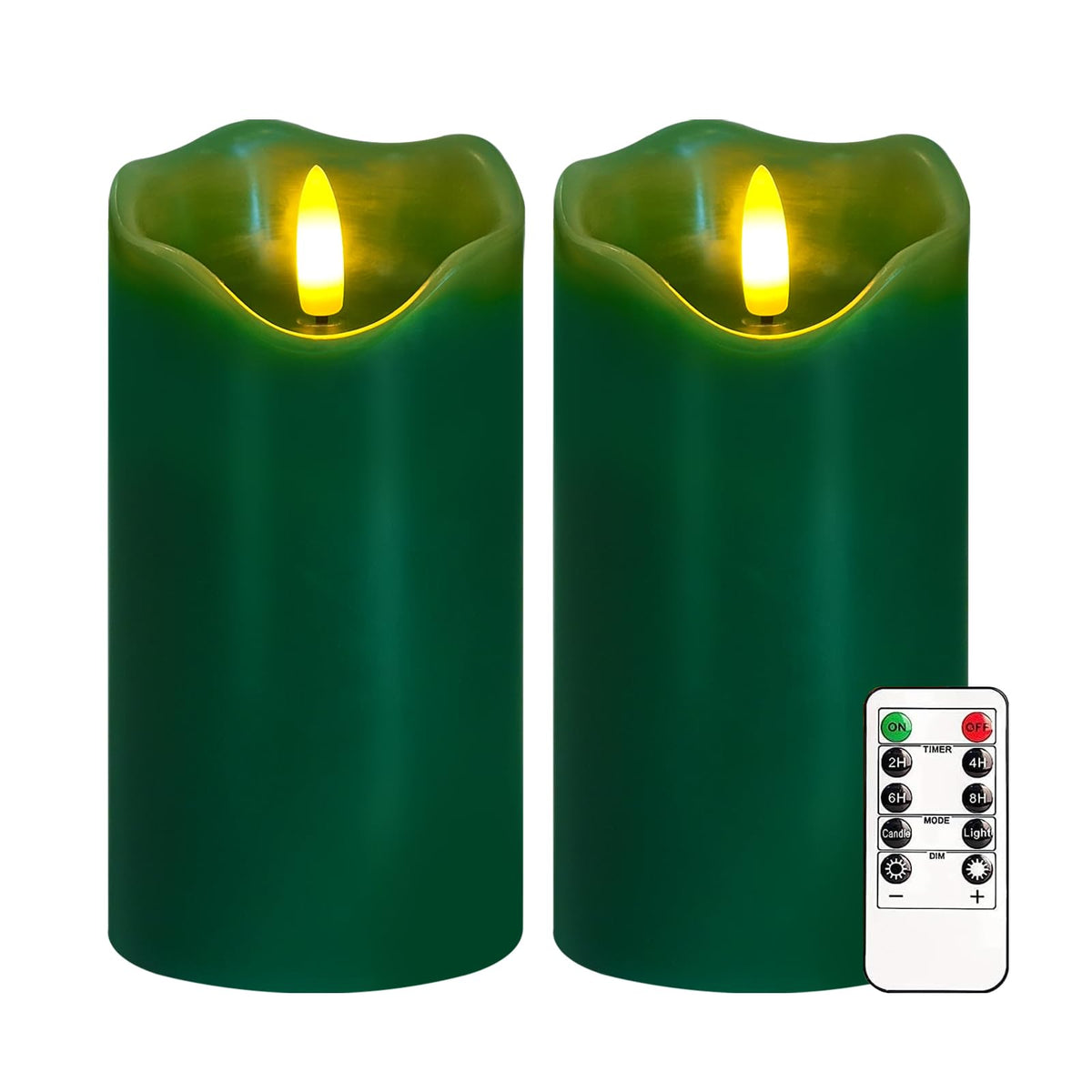 VEEKI Flameless Candles Light, Set of 2 6"x3" Flickering Christmas Flameless Candles with Remote & Timer, Dimmable Real Wax Pillar Candles Battery Operated, Green Candles for Home Xmas Decor (Green)