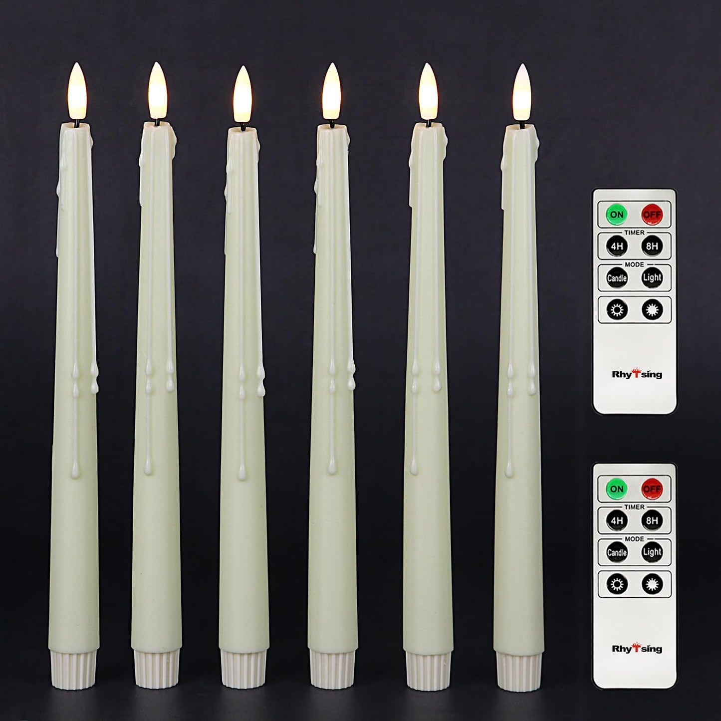 Rhytsing 11.4" Natural White Flameless Taper Candles with Timer Function, Battery Operated Dinner Tall Candlestick Wax Dripping Design, Warm White LED, 2 Remotes Included - Set of 6