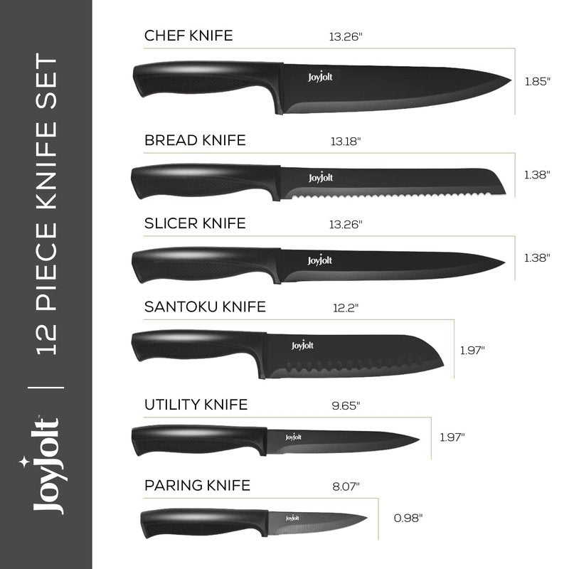 JoyJolt 12pc Kitchen Knives Set (Black). Chefs Knife Set with Sheath Covers. Chef, Butcher, Bread, Slicing, Santoku, Utility and Paring Home And Kitchen Knives Sets