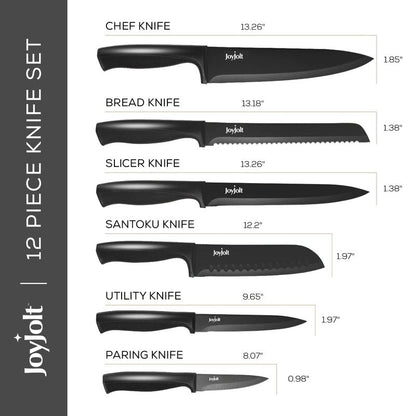 JoyJolt 12pc Kitchen Knives Set (Black). Chefs Knife Set with Sheath Covers. Chef, Butcher, Bread, Slicing, Santoku, Utility and Paring Home And Kitchen Knives Sets