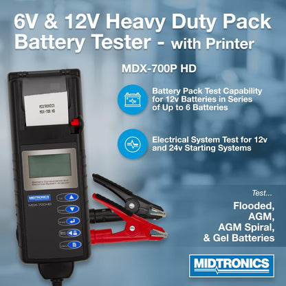 Midtronics - 6V & 12V Heavy-Duty Battery & Electrical System Analyzer w/Printer-MDX 700P HD - Heavy-Pack Testing for 12V to 24V Fleet Applications
