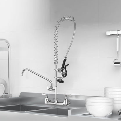 Commercial Sink Faucet with Sprayer for Kitchen: MSTJRY 42" Height 8" Center 14" Swing Spout Pre Rinse Assembly Wall Mount Commercial Faucet with Sprayer Fit for 3 Compartment Sink - Polished Chrome
