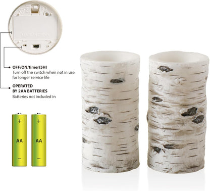 LusLog-pro Flameless Candles Birch Bark Effect 3" x 6" Real Wax LED Pillar Candles, Battery Operated Flickering Candles with 5H Timer, Pack of 2