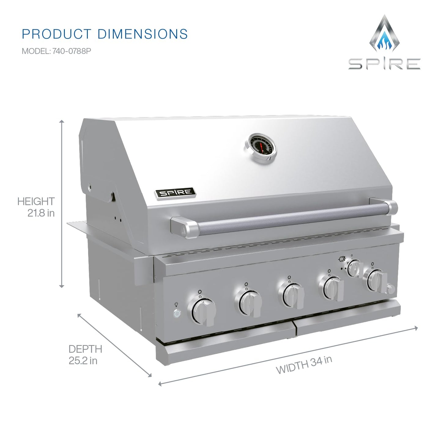 Spire Premium 5 Burner Built In Gas Grill Island Head, Stainless Steel 30 Inch Propane Grill with Rear Burner, 63,000 BTUs, 750 SQ In Racks, Dual Fuel Compatibility - 740-0788P