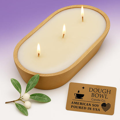 Dough Bowl Candle Co. Winterberry Soy Candle - 3 Wick Rustic Farmhouse Decor Odor Eliminator in Wooden Bowl, 20 Ounce, All-Natural Gift for Women and Men, Coffee Table Decor