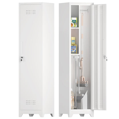 IRONFFICE Tall Broom Closet Storage Cabinet,Narrow Metal Storage Cabinets for Brooms and Mops,Slim Utility Cabinets with Doors,Broom Cabinet for Laundry,Living Room,Office,White