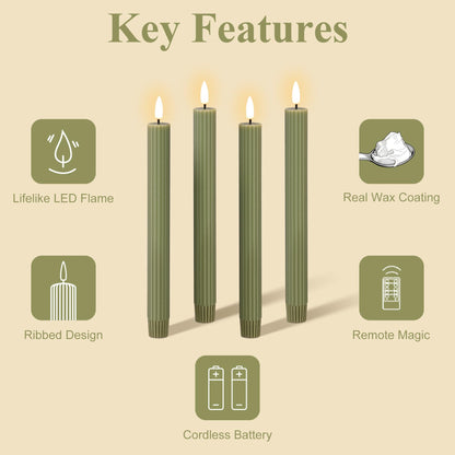 Girimax Olive Green Ribbed Fluted Flameless Taper Candles with Remote, Flickering Battery LED Wax Candlesticks Wedding Home Decor Set of 4