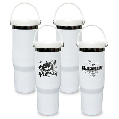 30 oz Tumbler with Handle, Double Wall Vacuum Insulated Tumblers with Flip Straw, Coffee Mug 30oz Powder Coated Cup for Hot and Cold Drinks(Black Plated, White,4 pack)
