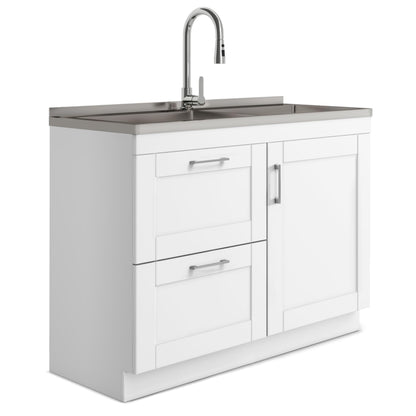 SIMPLIHOME Modern Wide Shaker All-in-One 46 inch Wide Utility Sink and Laundry Cabinet in Pure White Finish, Transitional Stainless Steel Sink Cabinet for Laundry Rooms with High-Arch Chrome Faucet