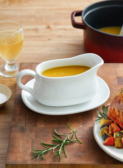 LE TAUCI 17oz Gravy Boat with Saucer Stand, Set of 1, Ceramic Sauce Boat with Tray for Salad Dressings, Creamer, Broth, Black Pepper, White