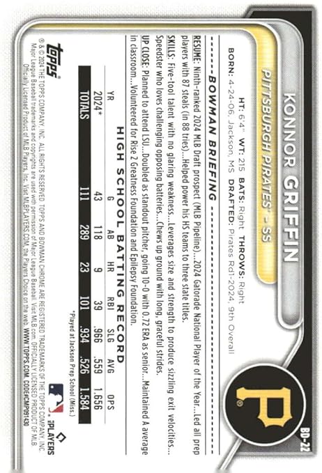 2024 Bowman Draft #BD-22 Konnor Griffin Pittsburgh Baseball Card - Sportscard Superstore