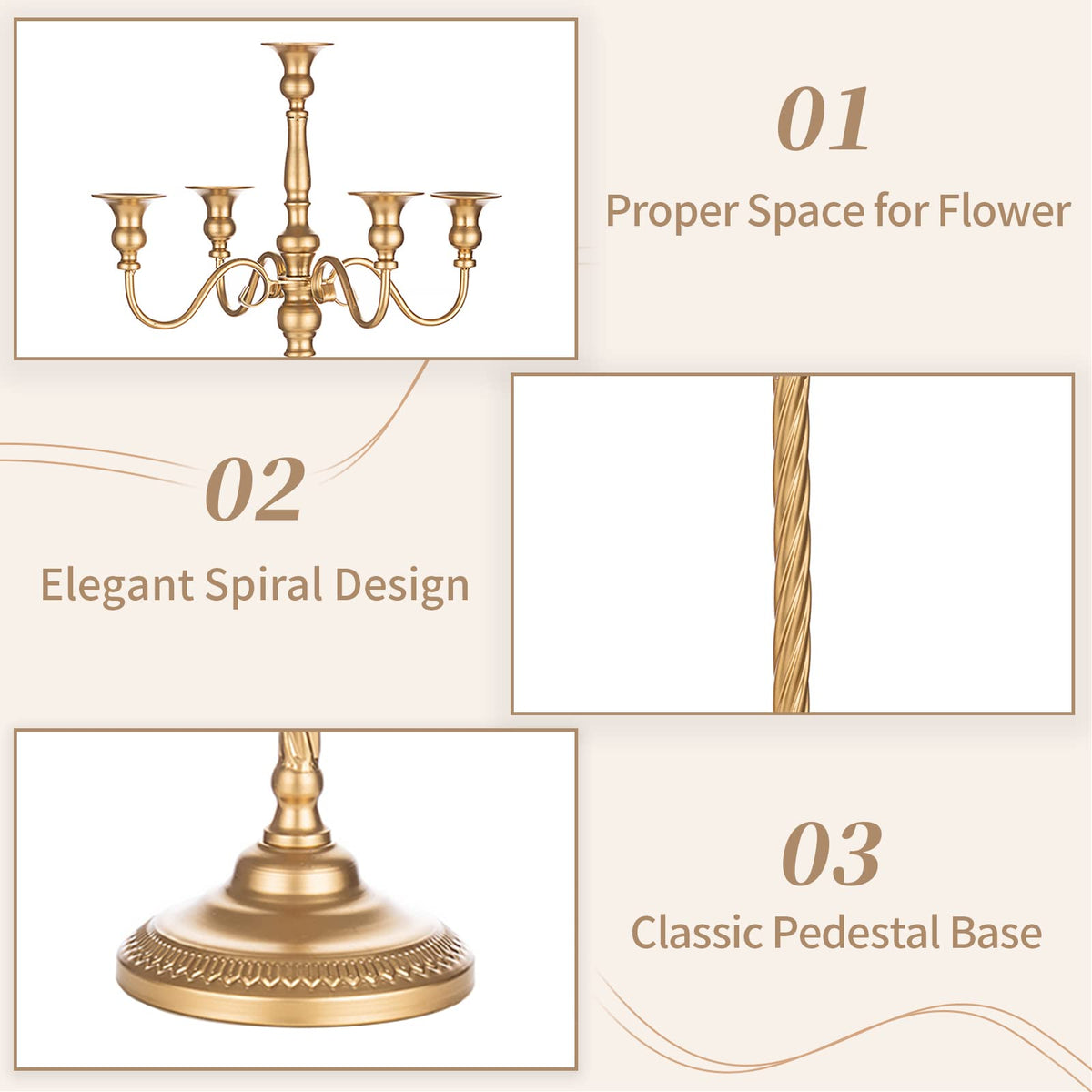 Sziqiqi Gold Floor Candelabra Candle Holder for Centerpiece - Tall 5 Arm Candlesticks Holders Metal Taper Candle Holder for Table Floral Centerpieces for Wedding Party Banquet