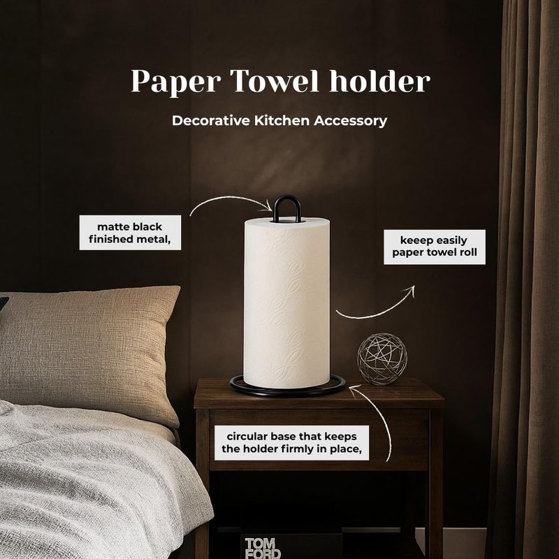 Divine Glance Premium Paper Towel Holder, Modern Heavy Duty Freestanding Standing Kitchen Roll Dispenser with Anti Slip Weighted Base Countertop Paper Roll Organizer - Black (Open Cut Design)