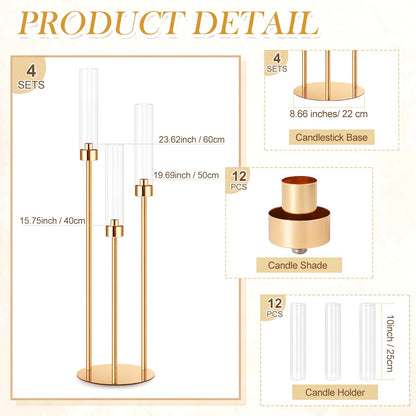 Suclain 4 Set 3 Arm Candelabra Centerpiece 33.8 Inch Candle Holder Gold Candelabra Metal Floor Pillar Candlesticks for Tables Wedding Home Party Decoration