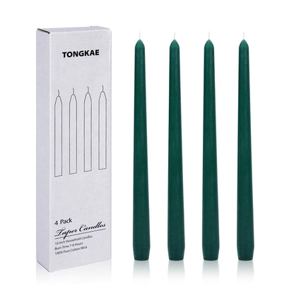 Tongkae Taper Green Candles, 4 Pack, 10 Inches Long, Unscented, Smokeless, Dripless, Cotton Wick, 7-8 Hours Burn Time, for Dinners, Christmas, Weddings, Parties, Holidays, Religious Events, Home Decor