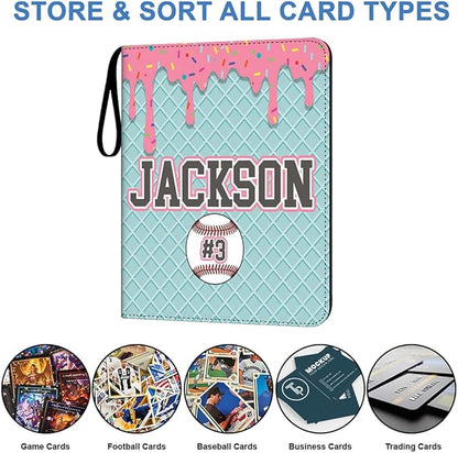 Personalized Ice Cream Drip Baseball Card Binder with Name &amp Number – Zipper Trading Card Album with Handle – Collector Case for Players &amp Fans (Ice Cream Drip Art #7)