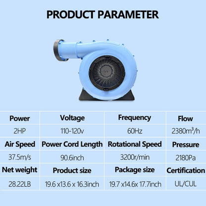 2HP Commercial Air Blower for Inflatable Bounce House, 1500W Heavy Duty Blower with Dual Blades, Quiet & Durable Design, ETL Certified for Outdoor Castle, Slide, Party Use